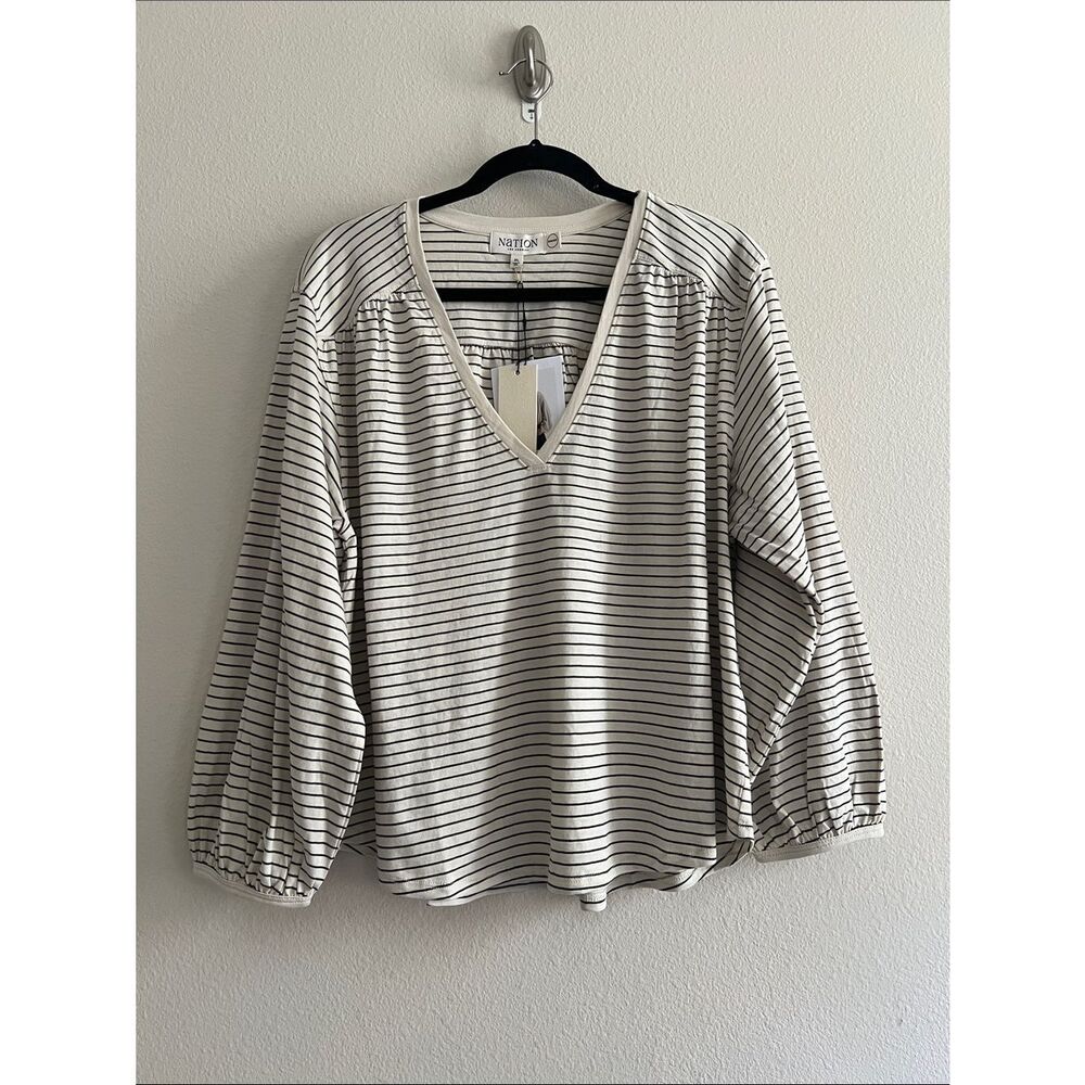 NWT Nation LA Savanna Shirred Top Stripe Long Sleeve V Neck Drape Knit Blouse XL